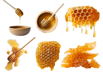 Collection set of Honeycomb beeswax, honey dripping drip dipper, splash splatter drop serve, wooden bowl on transparent cutout PNG file. Many style. Mockup template for artwork

