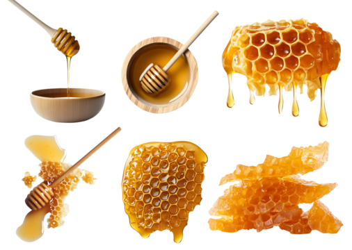 Collection set of Honeycomb beeswax, honey dripping drip dipper, splash splatter drop serve, wooden bowl on transparent cutout PNG file. Many style. Mockup template for artwork

