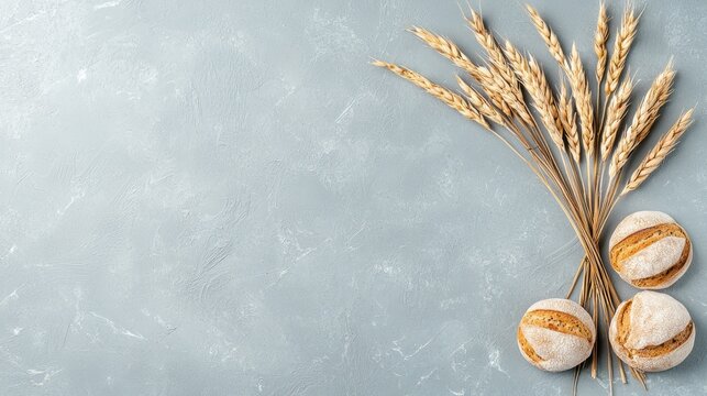 Wheat bread rolls and wheat stalks on grey background. Food photography for bakery website