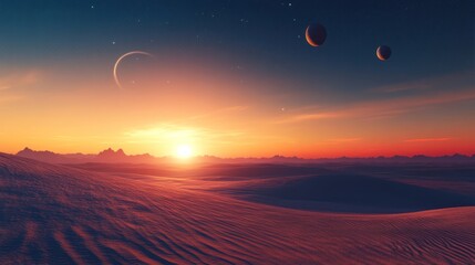 A serene alien landscape at sunset with planets and mountains.