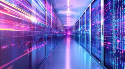 Fototapeta premium Neon Corridor with Glassy Walls and Digital Light Effects