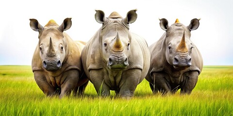 Majestic Rhino Trio in Grassy Field