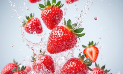 Fresh strawberries splashing in water