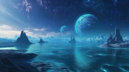 A serene alien landscape with water, mountains, and distant planets under a starry sky.