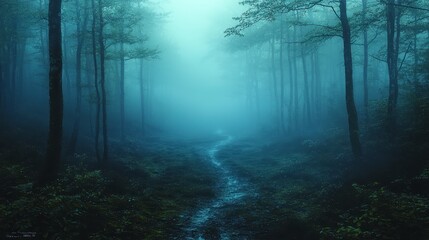 Obraz premium Misty forest path, nature scene, tranquil background, ideal for fantasy or nature themes