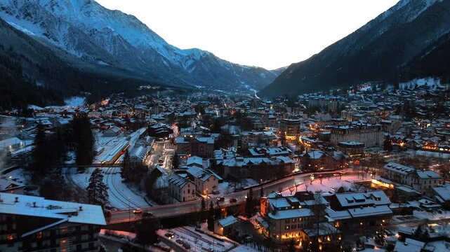 Chamonix aerial night view with evening illumination in winter, Chamonix Valley in France with night lights, ski resort in France