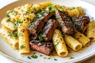 Garlic Butter Steak Tips with Cheesy Rigatoni in one ceramic plate.