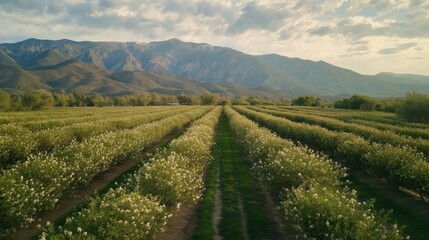 Aerial View of a Serene White Rose Plantation Against a Mountain Range