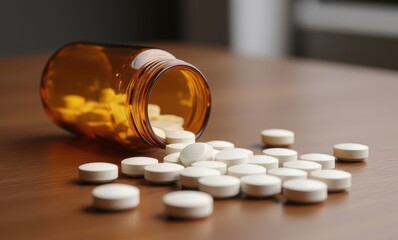 Close-up of spilled white tablets on table