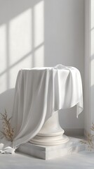 A minimalist scene featuring a draped white cloth over a pedestal in soft natural light.