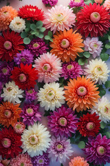 Flowers wall background with amazing red,orange,pink,purple,green and white flowers, wedding flowers