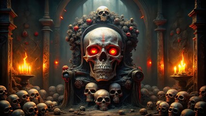 Demon skull with glowing red eyes sitting on a throne made of skulls and bones in a dark eerie chamber, malevolent, macabre