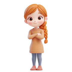 Cheerful cartoon girl with braided hair in cozy sweater, isolated on transparent or white background
