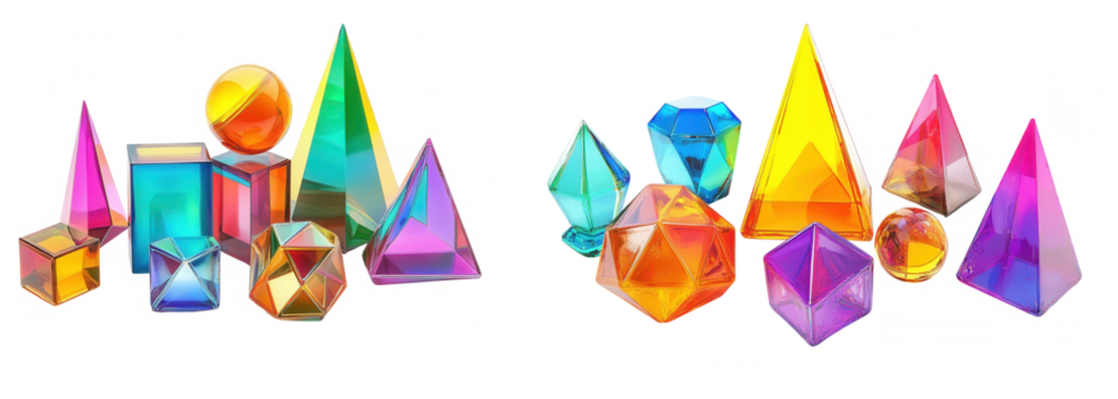 Colorful geometric shapes and crystals in various reflections, isolated on transparent or white background