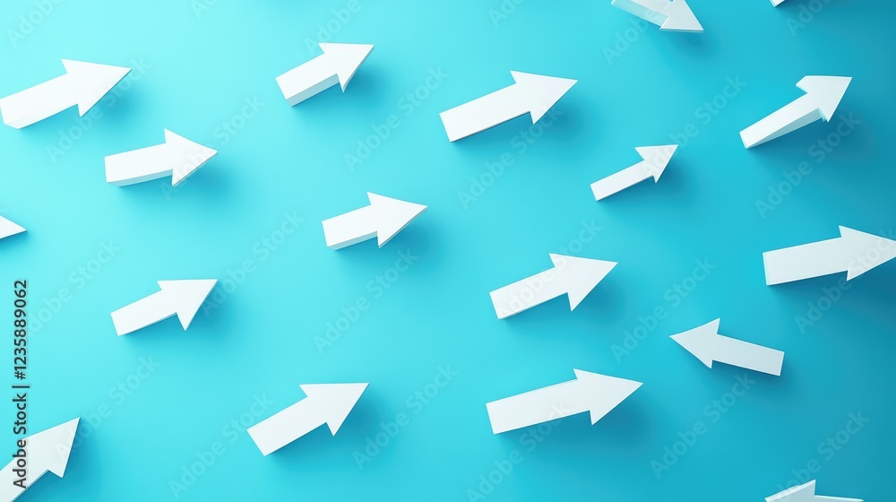 Poster dynamic background with white arrows on bright blue surface symbolizing direction, movement, change,