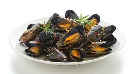 Delicious Steamed Mussels with Herbs and Spices on a Plate