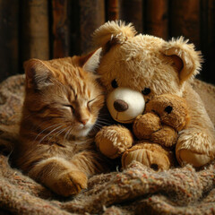 Comforting Scene of Cat Cuddling with Teddy Bears
