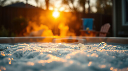 close up of a hot tub with bubbles and a sunset in the background. 
