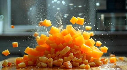 A vibrant explosion of diced cheese and potatoes on a wooden cutting board in a cozy kitchen