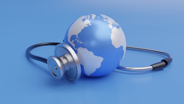 World Health Day, WHD April 7. Medical stethoscope and Earth globe isolated on blue