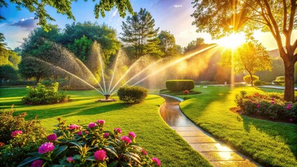 Obraz premium Smart Garden with Automatic Sprinkler System Watering Lawn in Green Park at Sunrise
