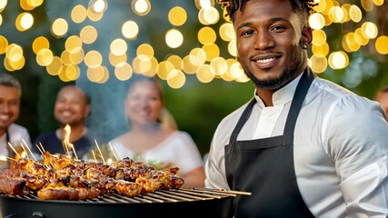Grilling Master at Summer Party: A cheerful African-American man, wearing a chef's apron, proudly presents a sizzling array of grilled meats and skewers at a vibrant summer barbecue.
