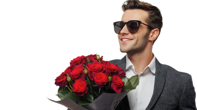 Stylish Man Smiling with Red Roses Bouquet for Romantic Gesture on Valentine's Day