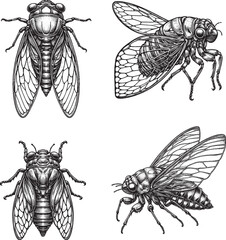 Detailed Black and White Illustrations of Cicadas