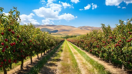 Naklejka premium Lush Apple Orchard Rows Under a Sunny Sky