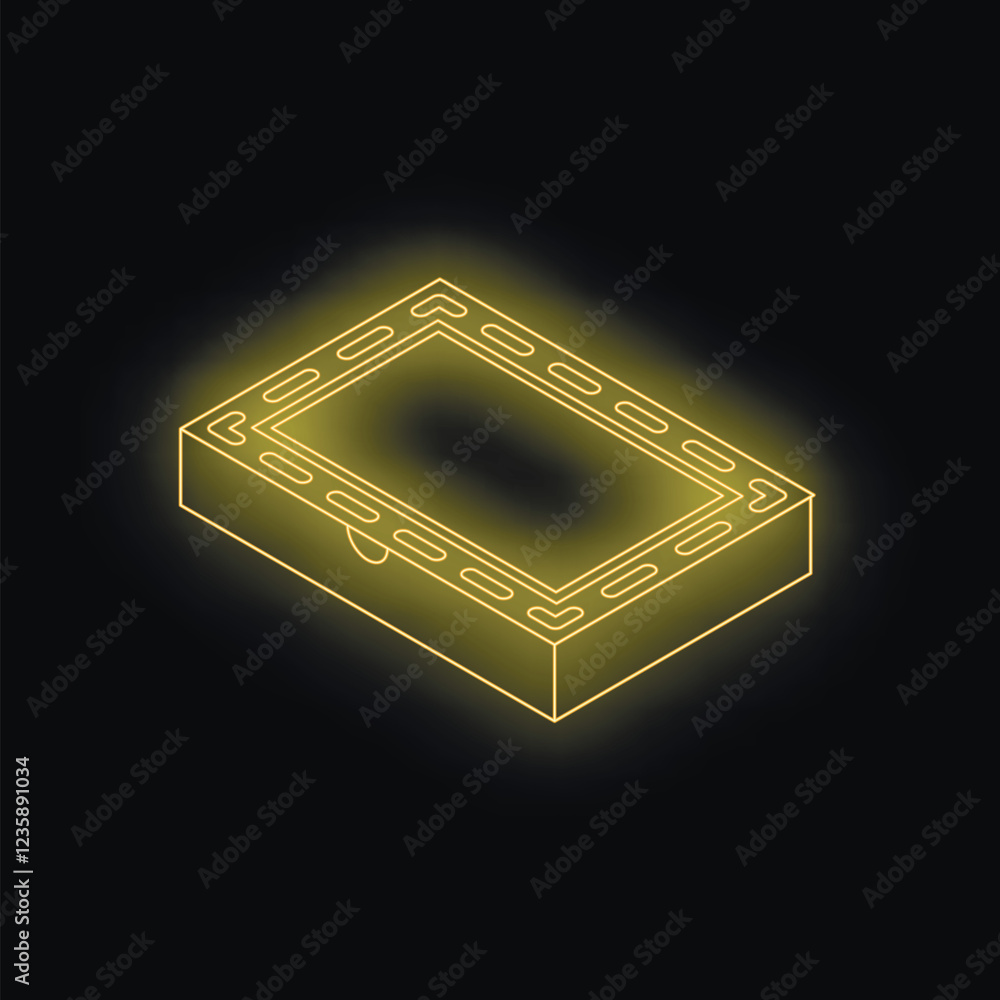 Poster isometric view of a glowing neon yellow pizza box with dashed lines on black background representing