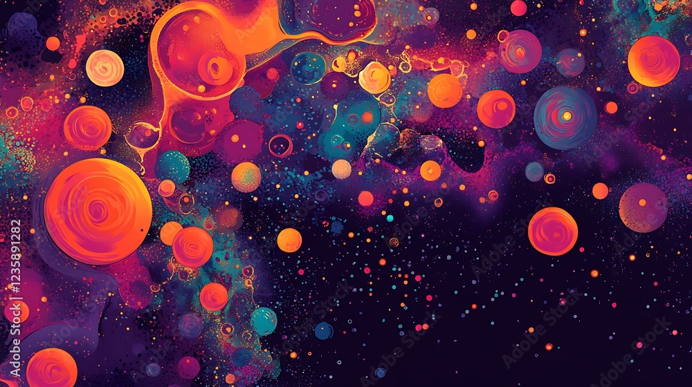 Poster abstract swirling vibrant colors, vibrant circles, fluid patterns, dynamic composition. possible use