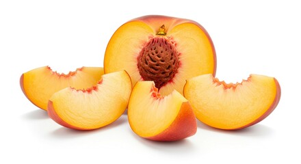 Juicy Slices of Fresh Peach Fruit Halved and Sliced Isolated on White Background