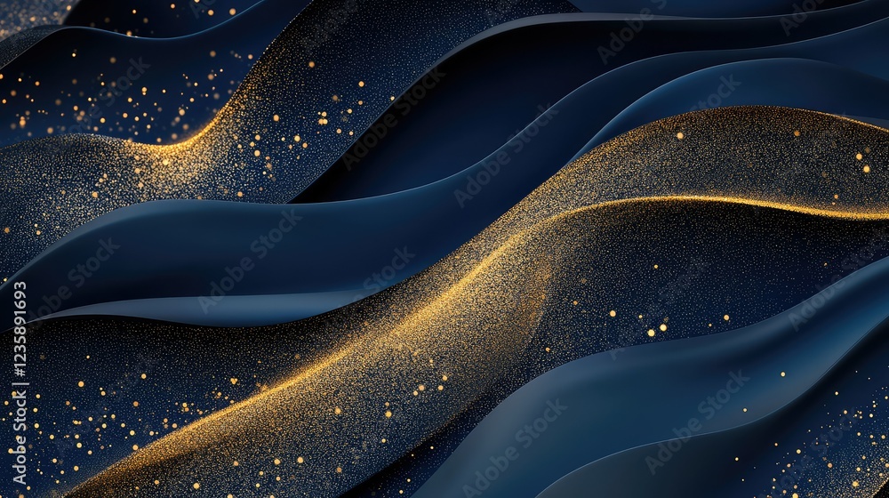 Poster abstract dark waves with golden glitter under delicate light creating a dreamy and ethereal backgrou