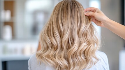Fototapeta premium A person with beautifully styled wavy blonde hair is having their hair adjusted, showcasing a salon or beauty setting.