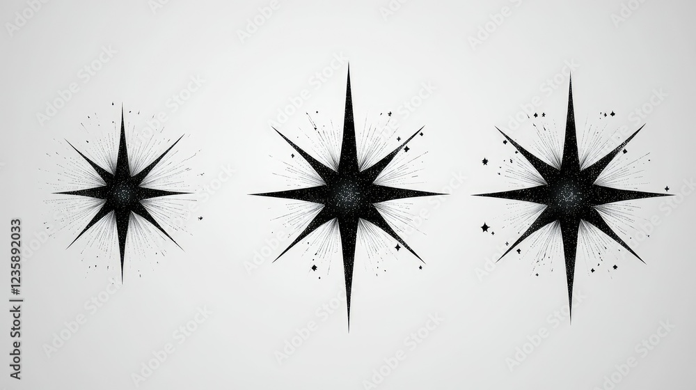 Poster a collection of three intricate starburst designs showcasing unique patterns and textures against a 
