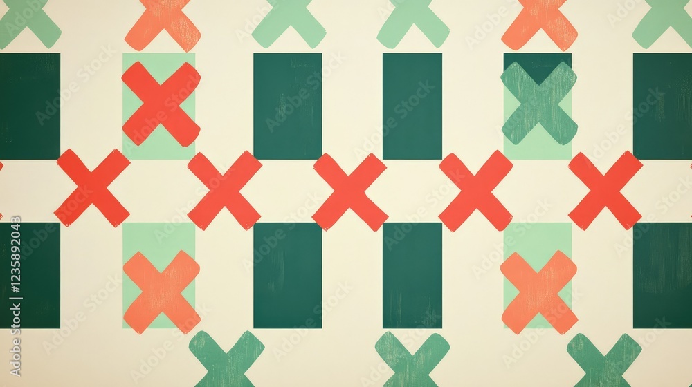 Poster colorful geometric pattern featuring red x marks and green rectangles on a light background for crea