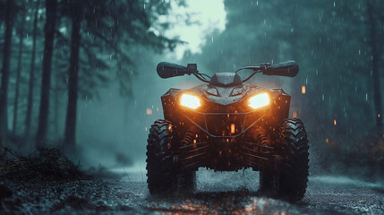 Nighttime ATV Adventure in Dark Forest with Headlights Illuminating Rugged Terrain