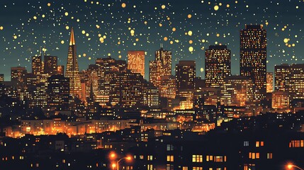 Night city skyline with glowing lights and stars. Possible use Stock photo for city night life