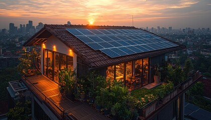 Obraz premium Rooftop house with solar panels at sunset in a city
