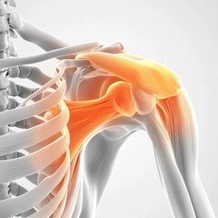 Anatomical illustration of a human shoulder with highlighted bone structure and details of the shoulder joint