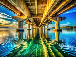 Water mirrors a concrete bridge's underside, an AI photo.