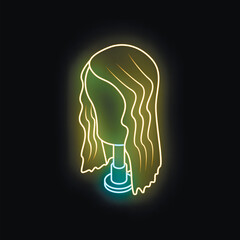 Blonde wig displayed on mannequin head in hair salon window, illuminated by neon sign, creating vibrant glow