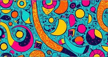 Fototapeta premium playful, abstract illustration features a seamless pattern of whimsical hand-drawn shapes and icons in vibrant colorful hues