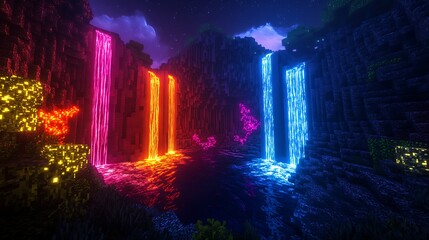 Exoplanet canyon illuminated by neon waterfalls and glowing alien vegetation