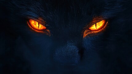 Close up view of a black cats face with piercing green eyes and detailed fur texture