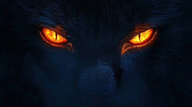 Close up view of a black cats face with piercing green eyes and detailed fur texture