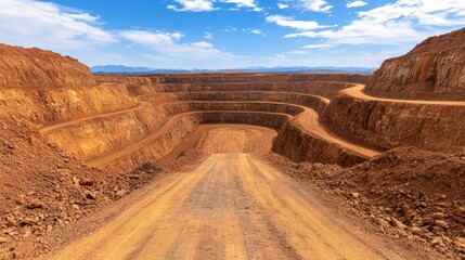 Naklejka premium A vast open-pit mine showcases steep, terraced walls of earth under a blue sky with scattered clouds, highlighting the mining landscape's stark beauty.