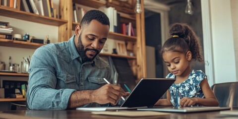 A father working from home while his daughter sits beside him, drawing on a tablet, parallel moments of productivity and creativity in a shared space