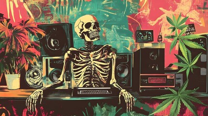 Skeleton figure sitting on retro music speakers and surrounded by marijuana leaves and psychedelic artwork