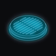 Round glowing blue neon manhole cover on black background